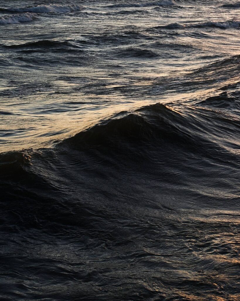 Pre-breaking wave crest rolls toward the shore of Lake Ontario at sunset.